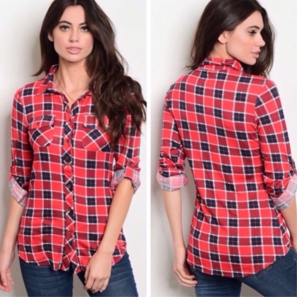 Red Plaid Flannel Button Down Shirt - Picture 2 of 9